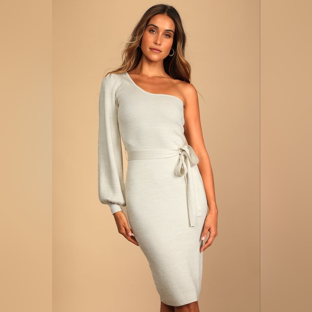 Lulu's Cozy Glam Ivory Metallic One Shoulder Sweater Dress Size Small
